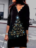 Christmas tree printing casual long sleeve V neck dress