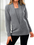 Gray V-Neck Twofer Long Sleeve Sweater
