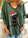 Christmas Cat Pattern V-neck Loose T-shirt