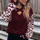 Cross V-neck leopard print hit color casual long-sleeved T-shirt