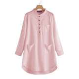 Loose stand-up collar long-sleeved solid color cotton and linen shirt dress