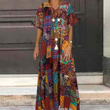 Women's Summer Sundress Kaftan Printed Maxi Dress Casual Short Sleeve