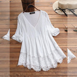 Cotton Linen Tunic Blouses Lace White V-neck Long Sleeve Tunics