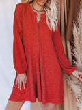 Cotton-Blend Solid Color V-Neck Long-sleeved Button Casual Dress