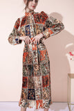 Stand Loose Slim Belt Pleated Printed Chiffon Ankle-Length Dress