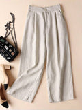 Solid Pockets Elastic Linen Casual Straight Pants