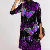 Cotton High Neck 3D Shiny Butterfly Flower Print Mid-Length Elegant Dress