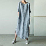 Women O Neck Short Sleeve Sundress Summer Solid Cotton Linen Dress