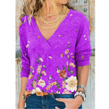 V-neck Flower Print Long-sleeved Casual Loose T-shirt Plus Size