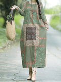 Long Sleeve Vintage Print Cotton Linen Long Dress