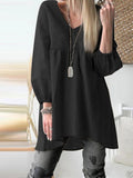 Pure color V-neck high and low hem casual shirt dress