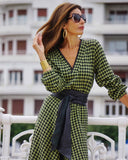 Green V-neck Houndstooth Pattern Suit