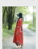 Long Sleeve Vintage Print Cotton Linen Long Dress