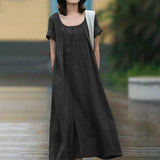 O Neck Short Sleeve Sundress Cotton Linen Collage Dresses