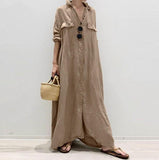 Vintage Solid Maxi Vestido Women Autumn Shirt Dress