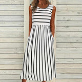 Sleeveless Black and White Stripe Side Pocket Midi Dress