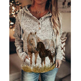 Horses Print Women's Casual Long Sleeve Hoodie