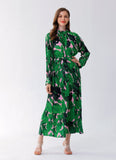 Stand Loose Slim Belt Pleated Printed Chiffon Ankle-Length Dress