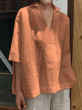 Short Sleeve V Neck Casual Loose Linen Shirt