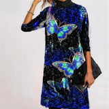 Cotton High Neck 3D Shiny Butterfly Flower Print Mid-Length Elegant Dress