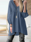 Pure color V-neck high and low hem casual shirt dress