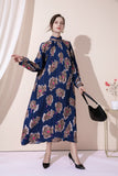 Stand Loose Slim Belt Pleated Printed Chiffon Ankle-Length Dress