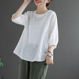 Retro Loose Cotton-Linen Round Neck Embroidery T Shirt