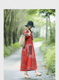 Long Sleeve Vintage Print Cotton Linen Long Dress