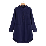 Loose stand-up collar long-sleeved solid color cotton and linen shirt dress