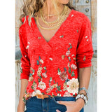 V-neck Flower Print Long-sleeved Casual Loose T-shirt Plus Size