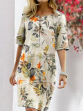 Floral ground round neck half-sleeve retro dress