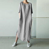 Women O Neck Short Sleeve Sundress Summer Solid Cotton Linen Dress