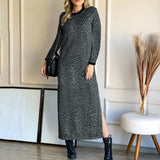 Leopard print long sleeve round neck split dress