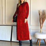 Leopard print long sleeve round neck split dress