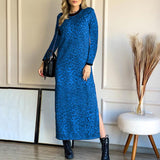 Leopard print long sleeve round neck split dress