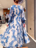 Blue V-neck Long Sleeve Floral Dress