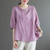 Retro Loose Cotton-Linen Round Neck Embroidery T Shirt