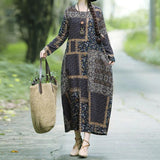 Long Sleeve Vintage Print Cotton Linen Long Dress