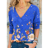 V-neck Flower Print Long-sleeved Casual Loose T-shirt Plus Size