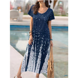 Casual Gradient Color Round Neck Split Long Short Sleeve Polka Dot Dress