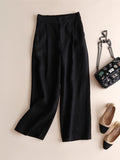 Solid Pockets Elastic Linen Casual Straight Pants