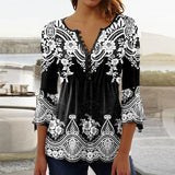 Women's Black and White V-neck Long Sleeve Graphic Printed Tops