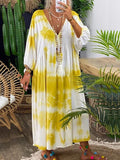 Silk Tie-Dye Print Lantern Sleeve Loose Maxi Dress