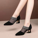 Fashion temperament thick heel mesh stitched large women's shoes