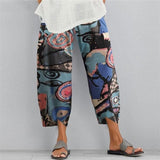 Floral Printed Elastic Waist Wide Leg print Cotton-Linen Pants