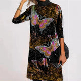 Cotton High Neck 3D Shiny Butterfly Flower Print Mid-Length Elegant Dress