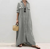 Vintage Solid Maxi Vestido Women Autumn Shirt Dress