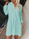 Cotton-Blend Solid Color V-Neck Long-sleeved Button Casual Dress