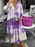 Silk Tie-Dye Print Lantern Sleeve Loose Maxi Dress