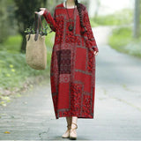 Long Sleeve Vintage Print Cotton Linen Long Dress